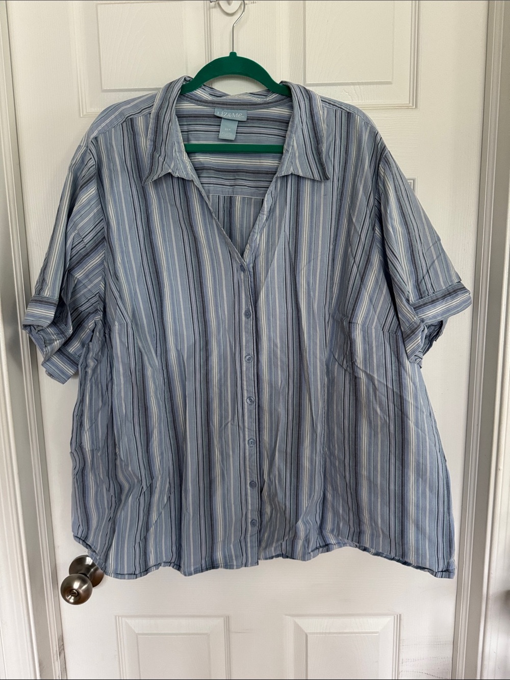 Liz & Me Light Blue Striped Button-Up Shirt - Casual Short Sleeve